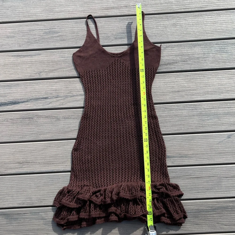 Brown Fishnet; Slip On; Swim Cover Dress; Spaghetti Straps; Ruffled Bottom; L - Picture 4 of 10